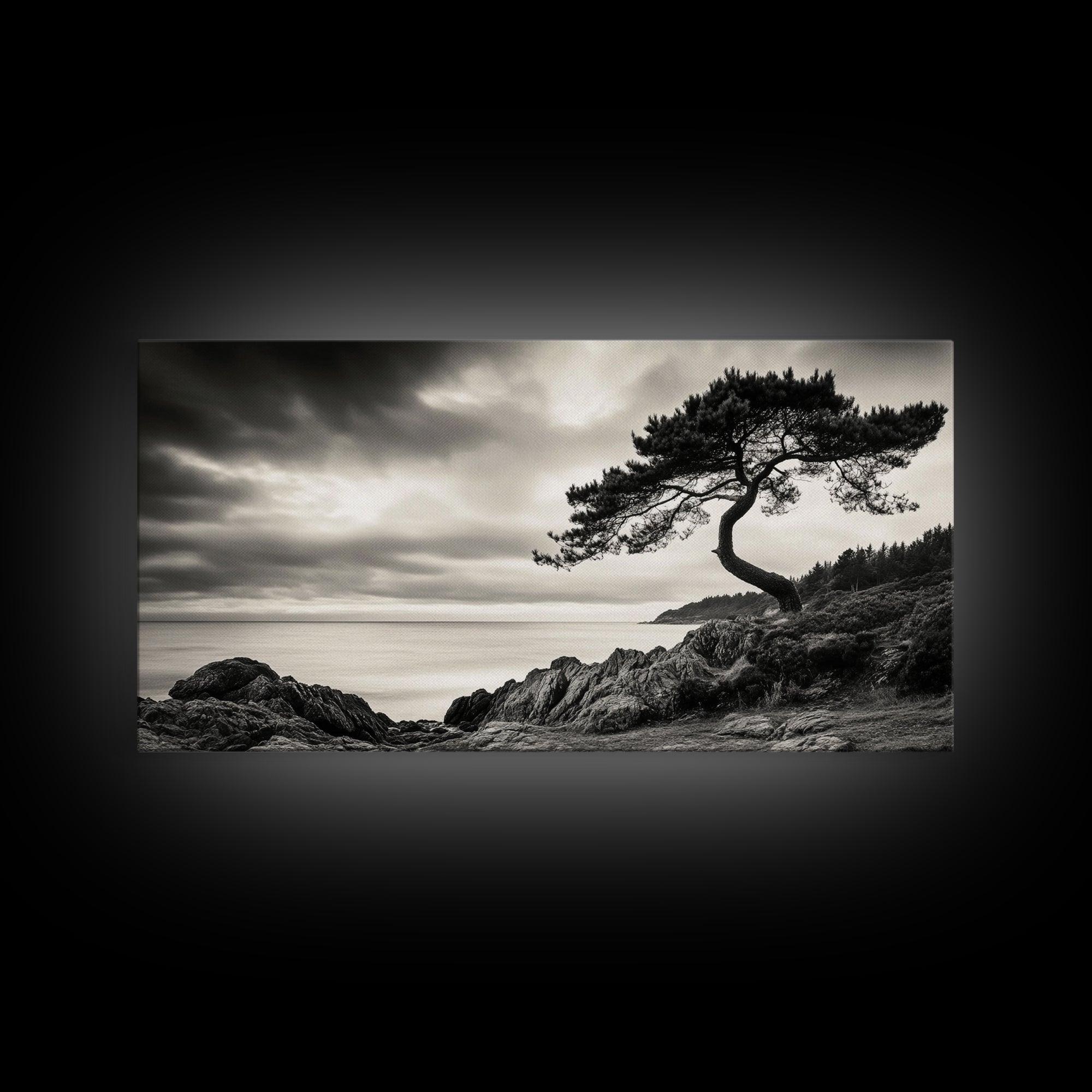 Coastal Tree, Windswept Cliff, Serene Horizon, Nature Escape, Framed Canvas Print, minimalist wall art, bedroom decor, zen nature print