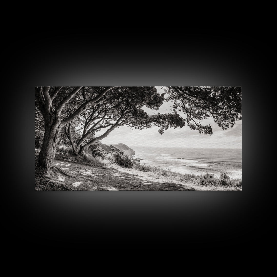 Ocean View, Coastal Trees, Cliffside Vista, Light and Shadows, Framed Canvas Print, landscape wall art, modern beach decor, boho living room