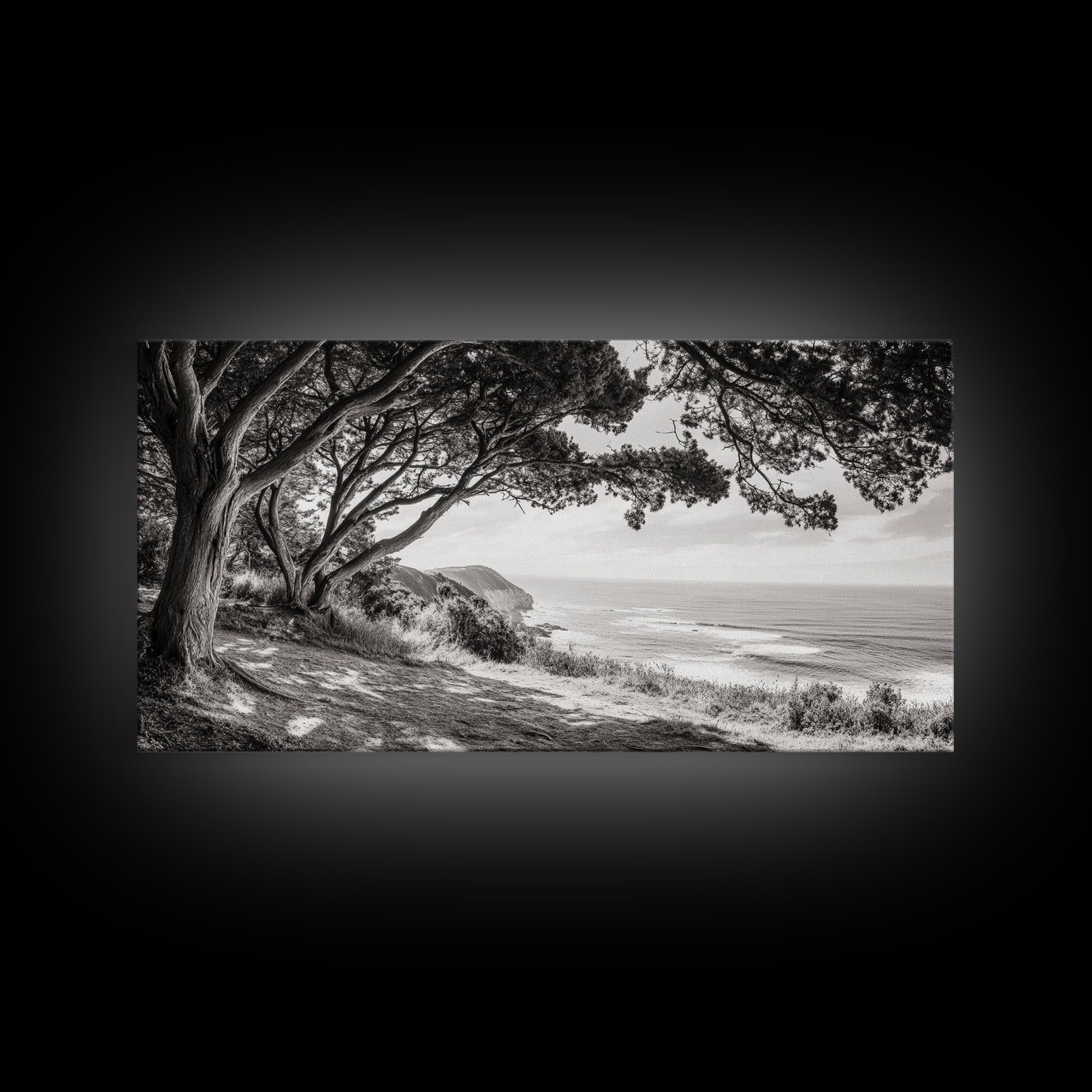 Ocean View, Coastal Trees, Cliffside Vista, Light and Shadows, Framed Canvas Print, landscape wall art, modern beach decor, boho living room