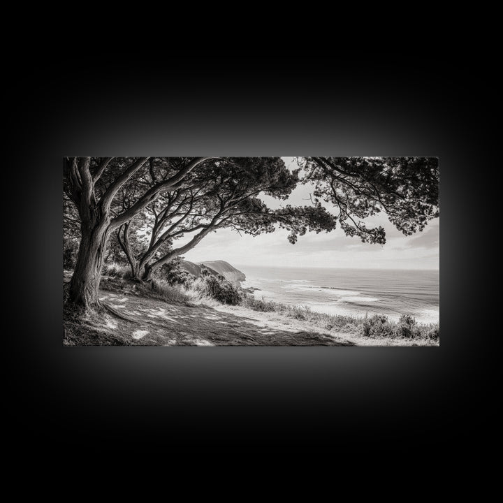Ocean View, Coastal Trees, Cliffside Vista, Light and Shadows, Framed Canvas Print, landscape wall art, modern beach decor, boho living room