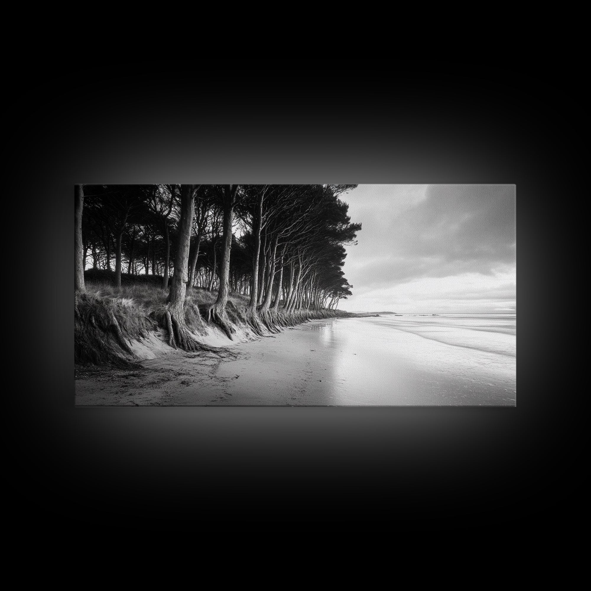 Pine Trees, Sandy Beach, Coastal Serenity, Driftwood Shore, Framed Canvas Print, neutral wall art, coastal rustic style, entryway landscape