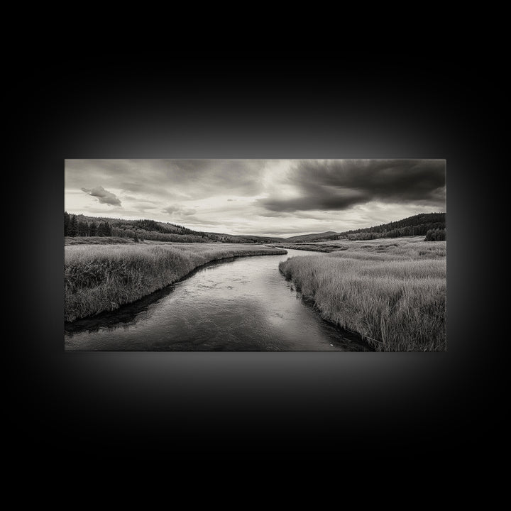 River Valley, Flowing Stream, Grassy Hills, Wilderness Calm, Framed Canvas Print, rustic home decor, Fall art, cabin wall landscape print