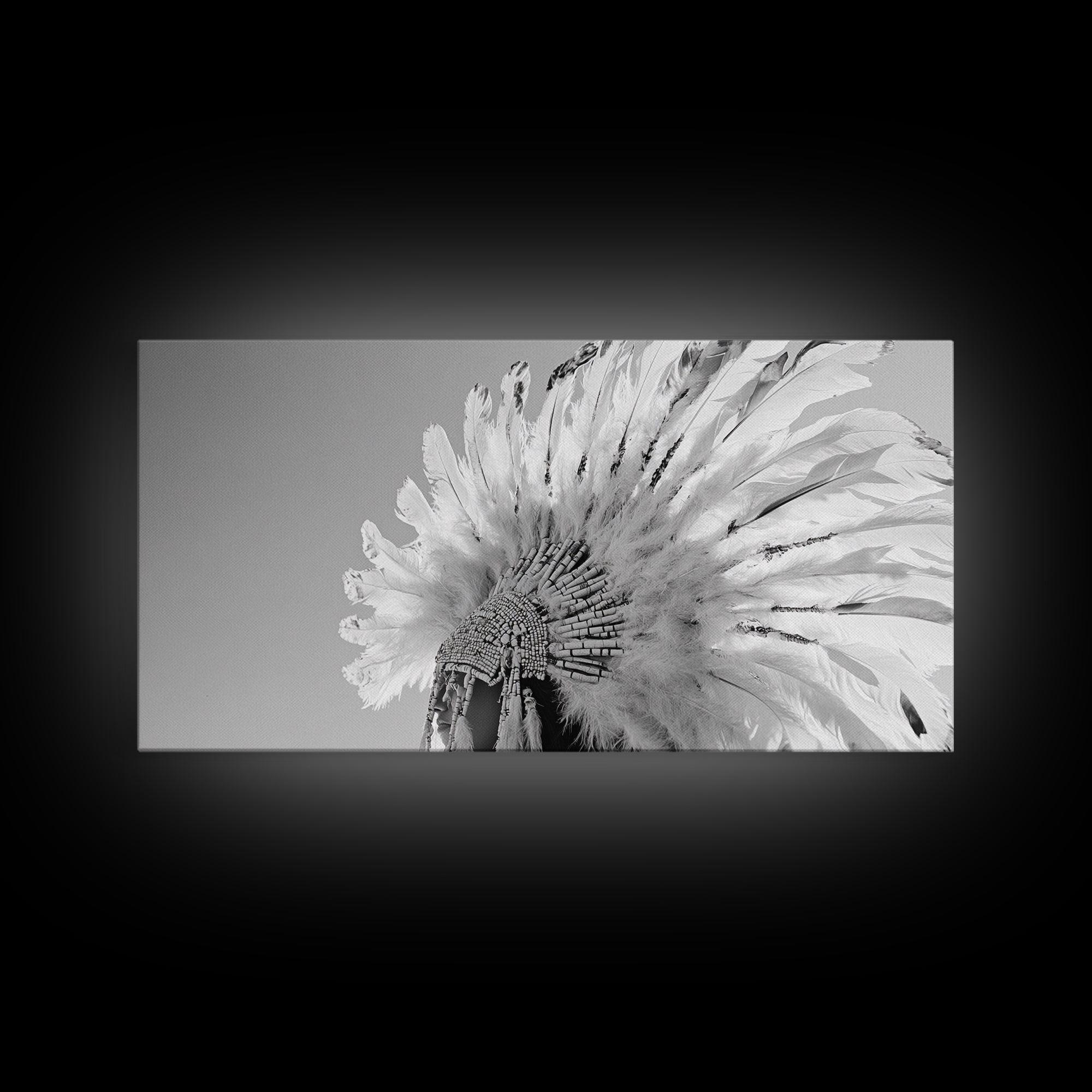 Native Headdress, Feather Crown, Cultural Tribute, Canvas Print, Boho Tribal Decor, Bedroom Wall Art, Monochrome Indigenous Style