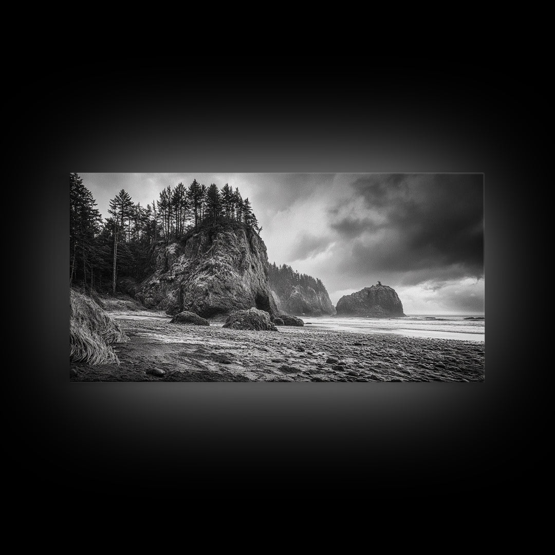 Coastal Rocks, Forest Cliffs, Moody Ocean, Framed Canvas Print, Pacific Northwest Wall Art, Dramatic Seascape, Autumn Nature Photography