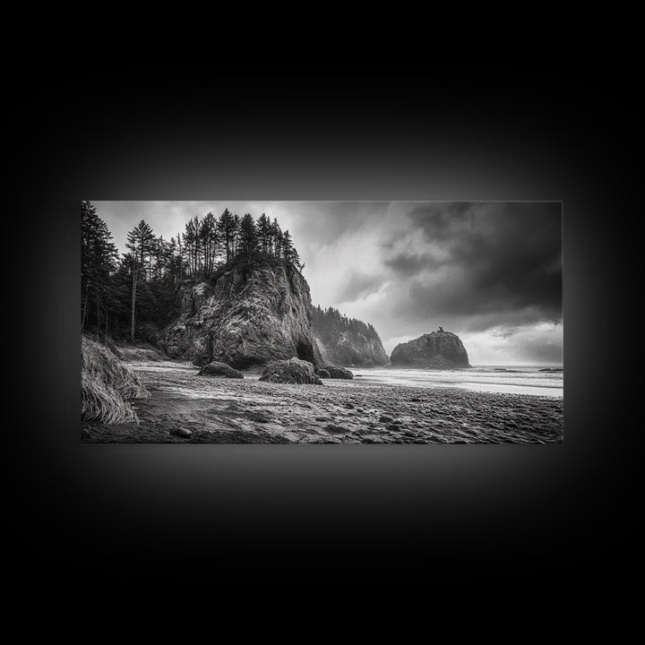 Coastal Rocks, Forest Cliffs, Moody Ocean, Framed Canvas Print, Pacific Northwest Wall Art, Dramatic Seascape, Autumn Nature Photography