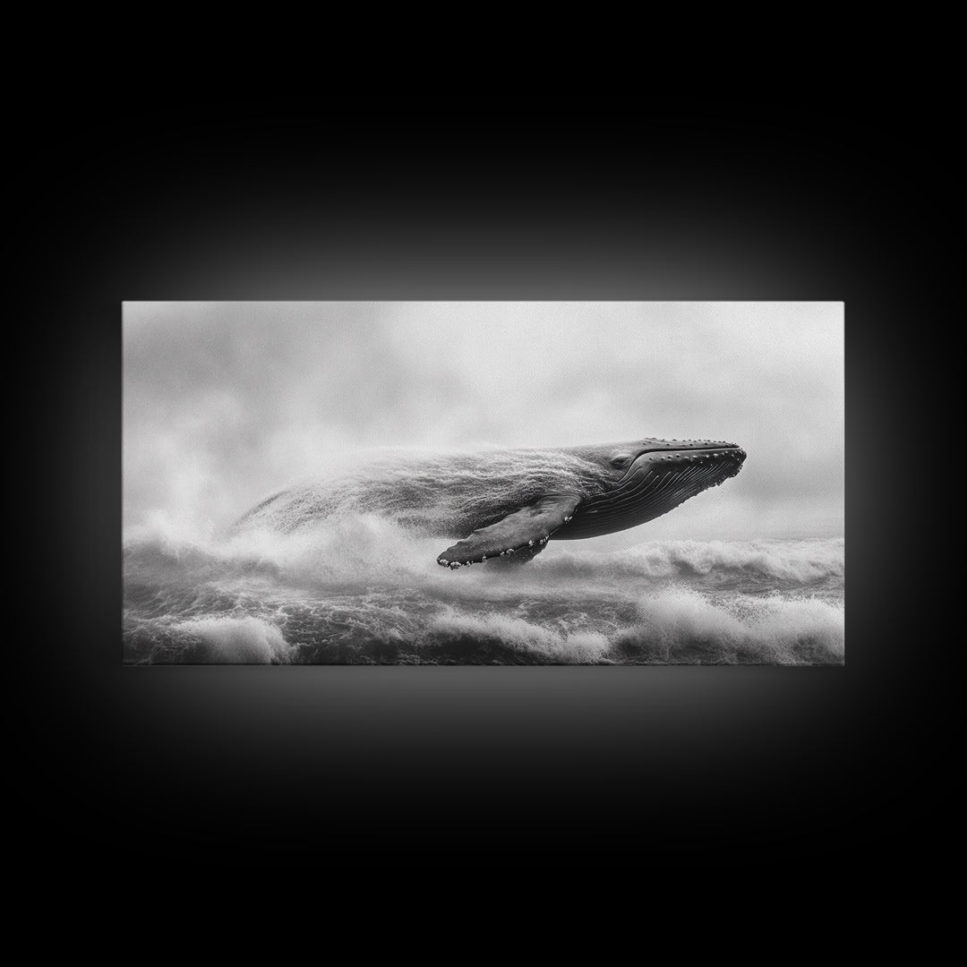 Breaching Whale, Ocean Waves, Marine Power, Framed Canvas Print, Nautical Bathroom Wall Art, Whale Watching Theme, Coastal Photography Art