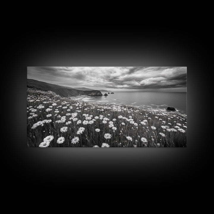 Coastal Flower Field, Ocean Meadow Scene, Seaside Wildflower Landscape, Serene Botanical Print, Living Room Art, Canvas Print