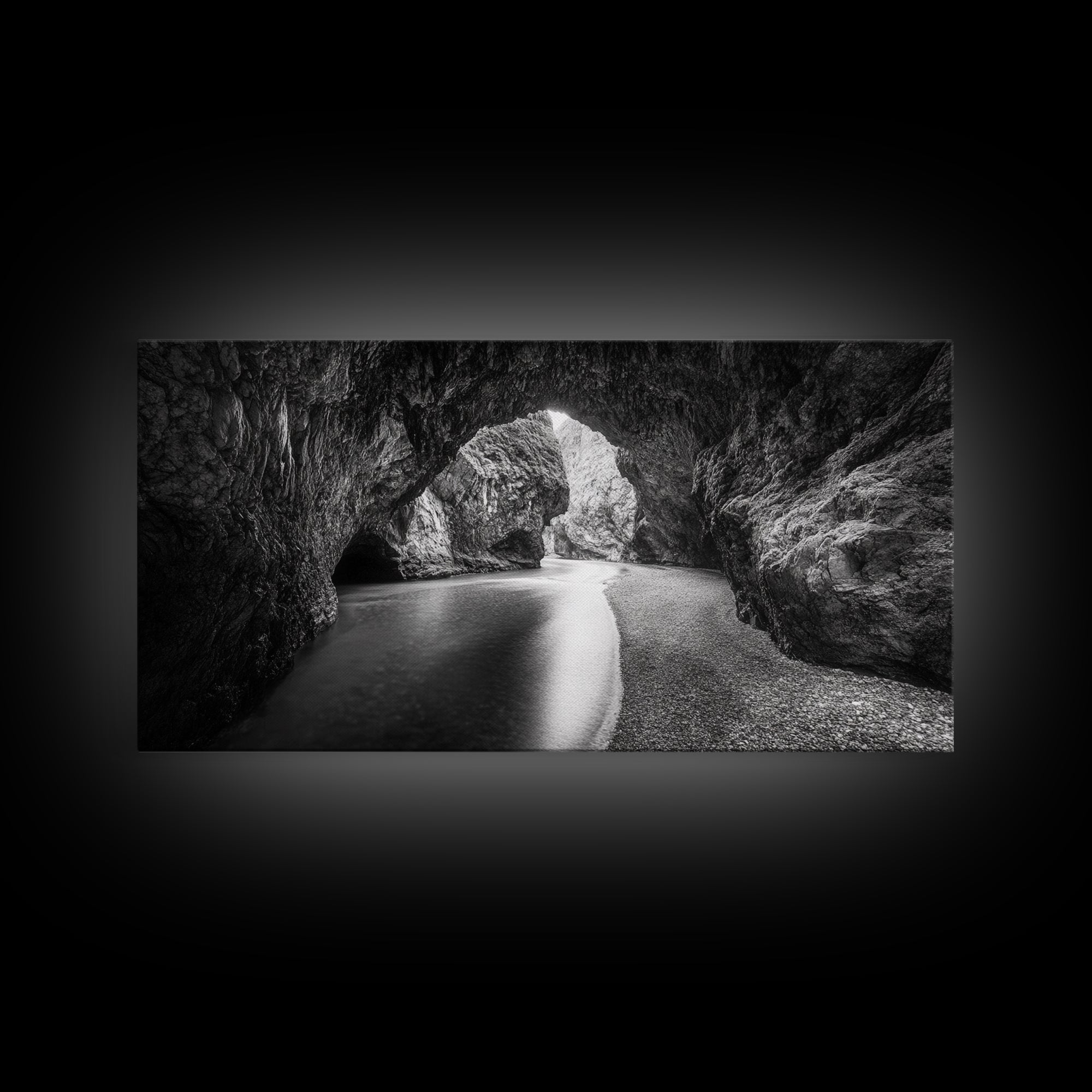 Ocean Cave Flow, Coastal Rock Wall Art, Moody Nature Seascape, Black White Beach Decor, Boho Bathroom Accent, Canvas Print, Monochrome Art