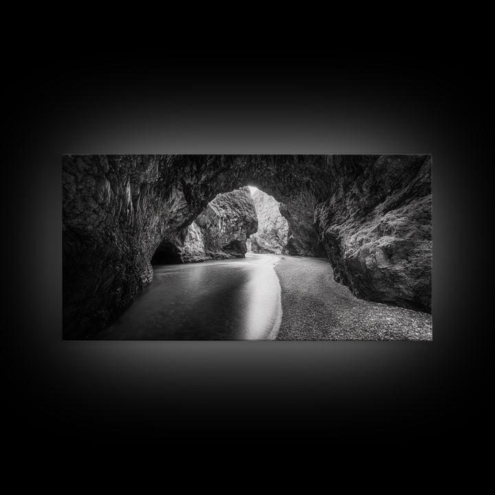 Ocean Cave Flow, Coastal Rock Wall Art, Moody Nature Seascape, Black White Beach Decor, Boho Bathroom Accent, Canvas Print, Monochrome Art