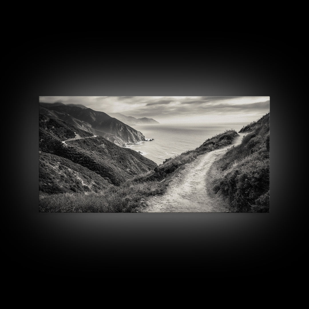 Cliffside Trail Path, Coastal Hiking Print, Rugged Ocean View, Nature Adventure Wall Art, Rustic Modern Decor, Framed Canvas Print