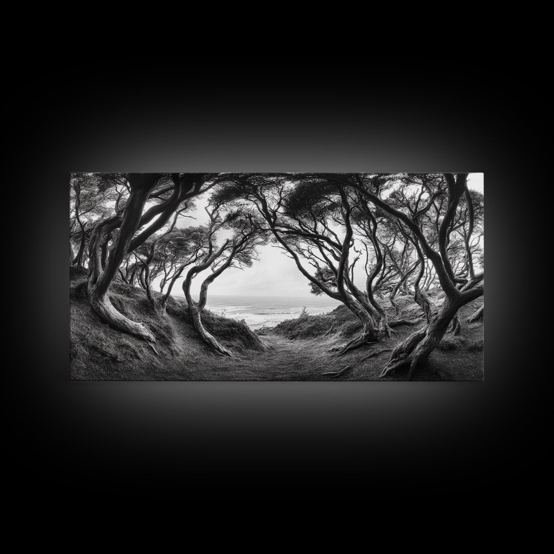 Coastal Trees, Windswept Forest, Ocean View, Framed Canvas Print, Boho Wall Art, Living Room Art, Nature Wall Decor, Monochrome Landscape