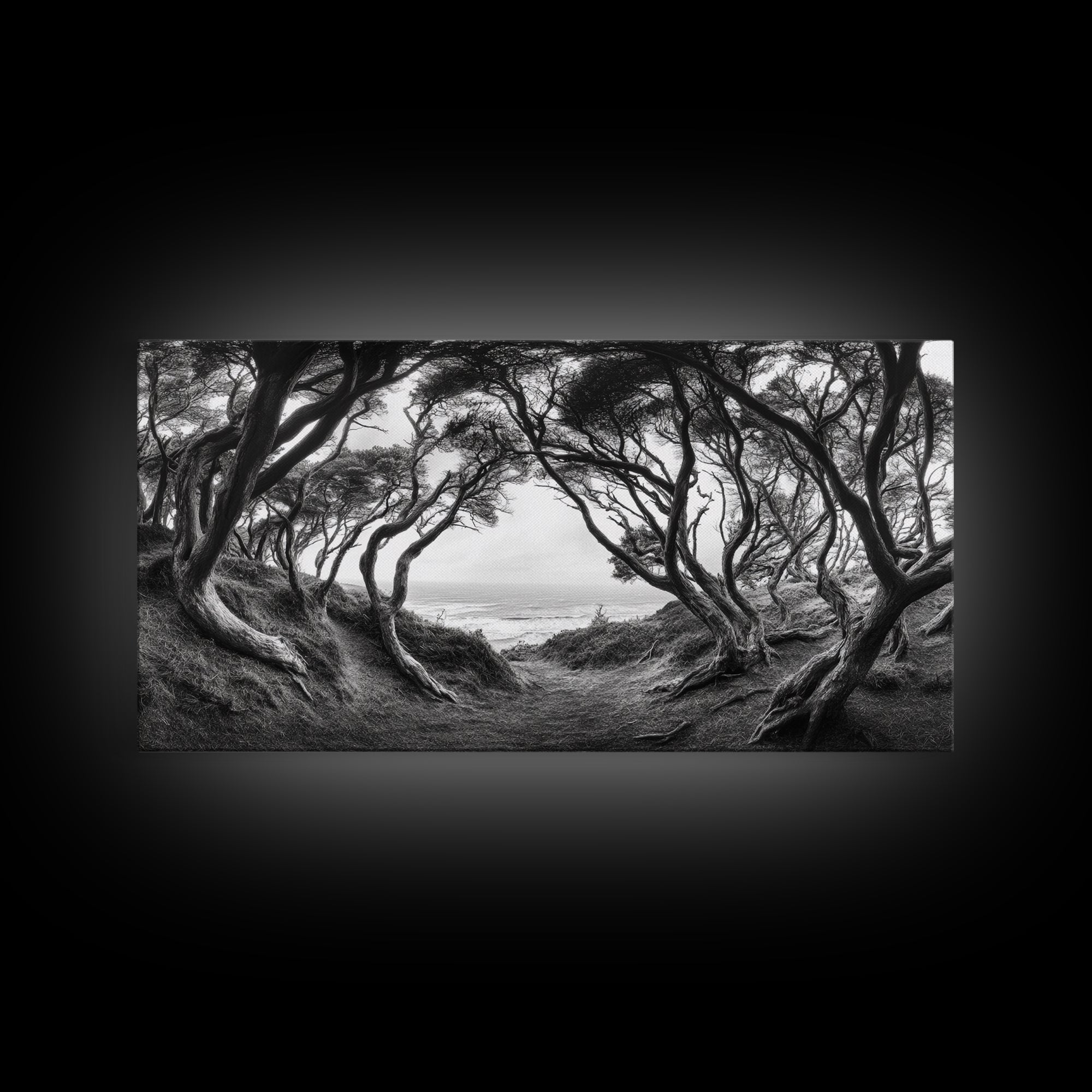 Coastal Trees, Windswept Forest, Ocean View, Framed Canvas Print, Boho Wall Art, Living Room Art, Nature Wall Decor, Monochrome Landscape