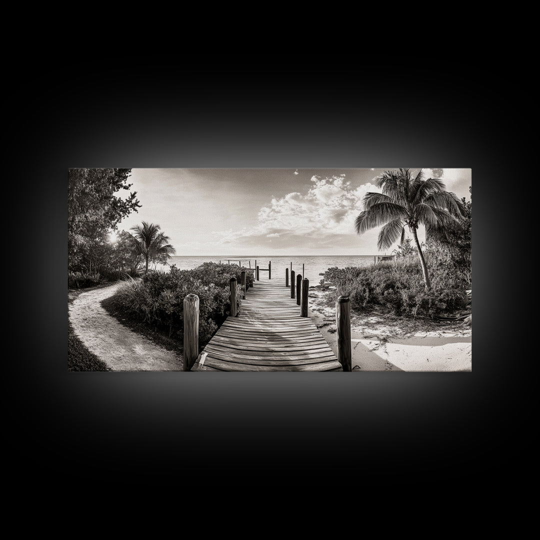 Beach Path, Coastal Dock, Tropical Palms, Canvas Print, Vacation Vibes, Boho Seaside Decor, Bathroom Wall Art, Nautical Island Landscape