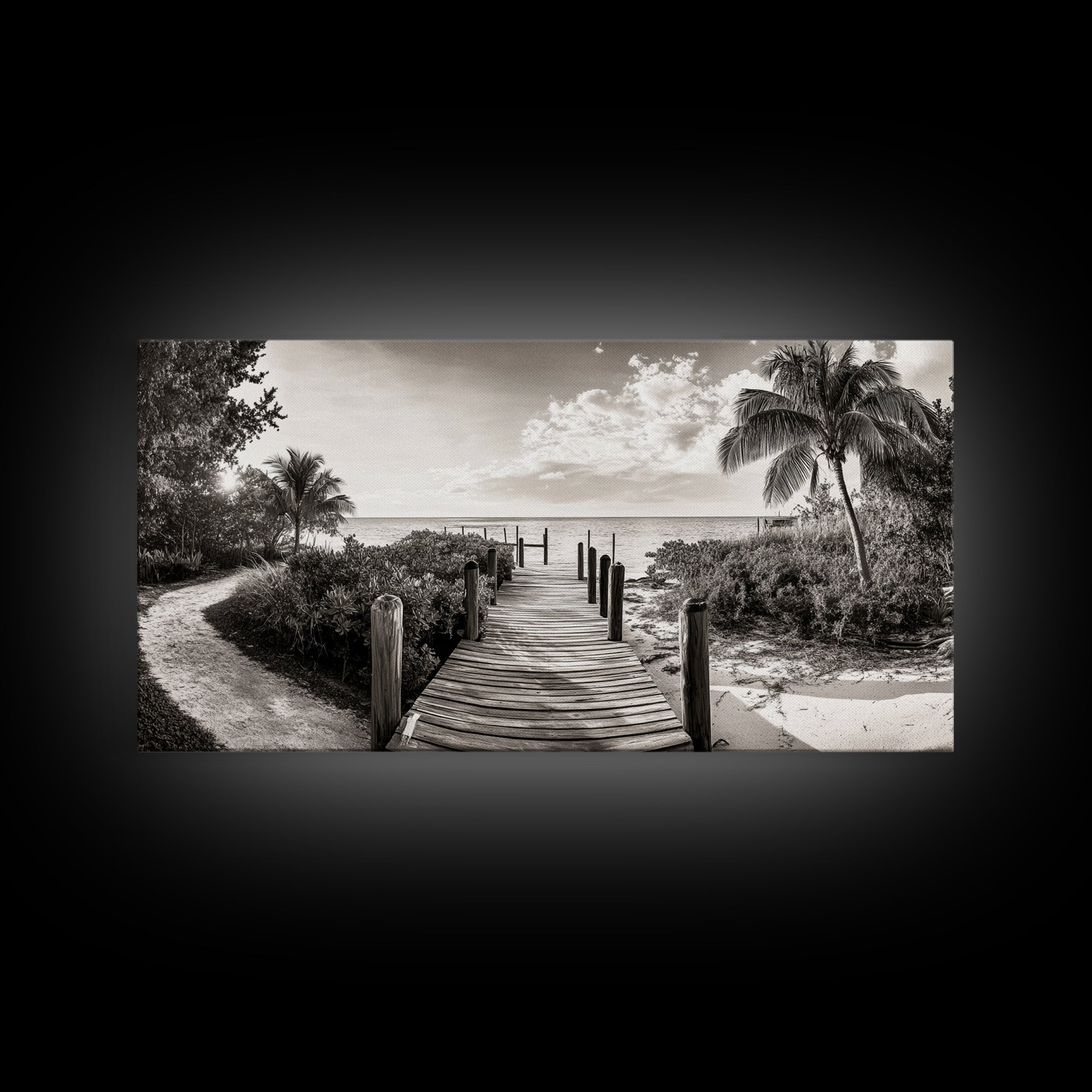 Beach Path, Coastal Dock, Tropical Palms, Canvas Print, Vacation Vibes, Boho Seaside Decor, Bathroom Wall Art, Nautical Island Landscape