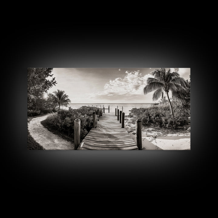 Beach Path, Coastal Dock, Tropical Palms, Canvas Print, Vacation Vibes, Boho Seaside Decor, Bathroom Wall Art, Nautical Island Landscape