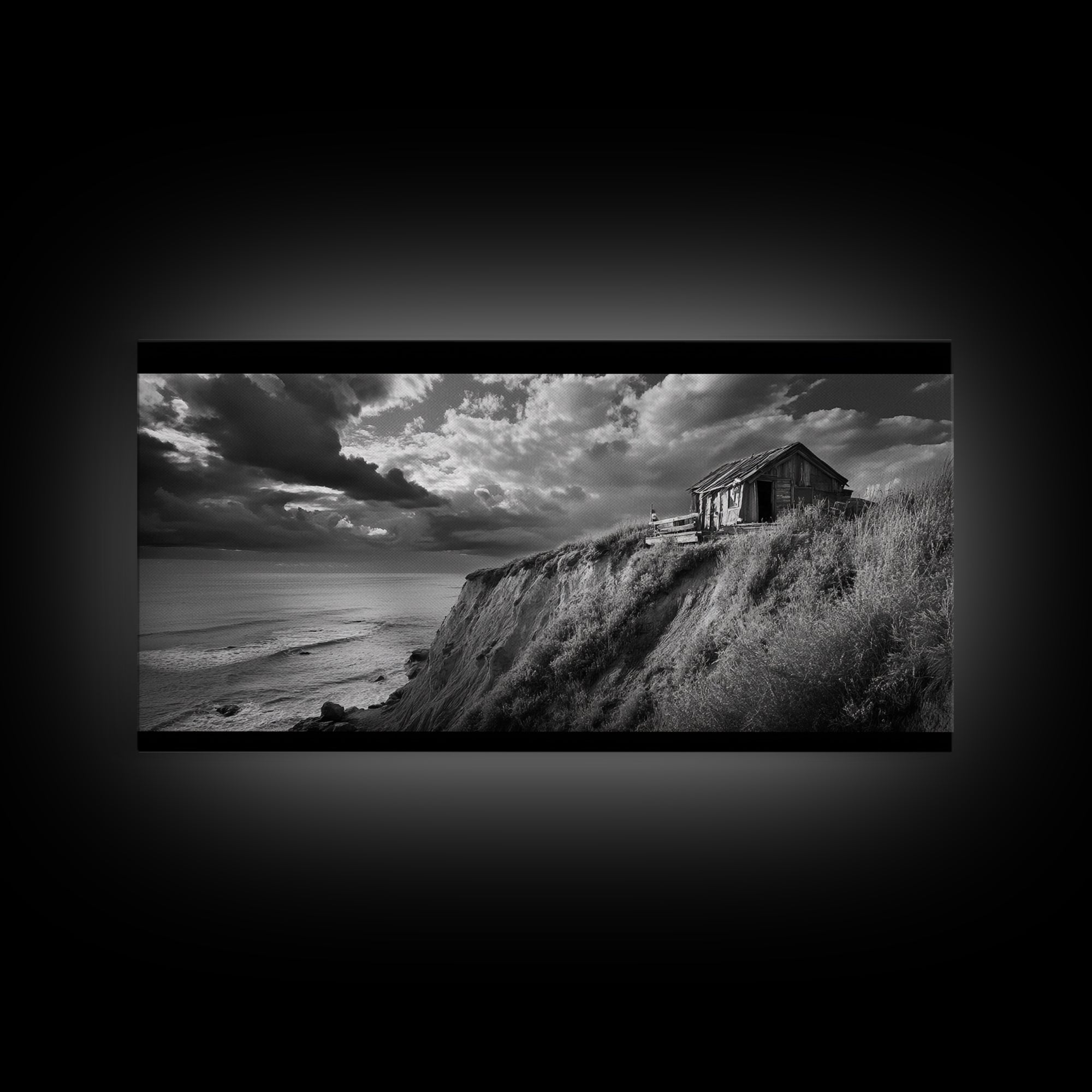 Cliff Cabin, Stormy Coast, Ocean Bluff, Dramatic Skies, Canvas Print, Moody Nature Art, Living Room Accent, Fall Season Decor