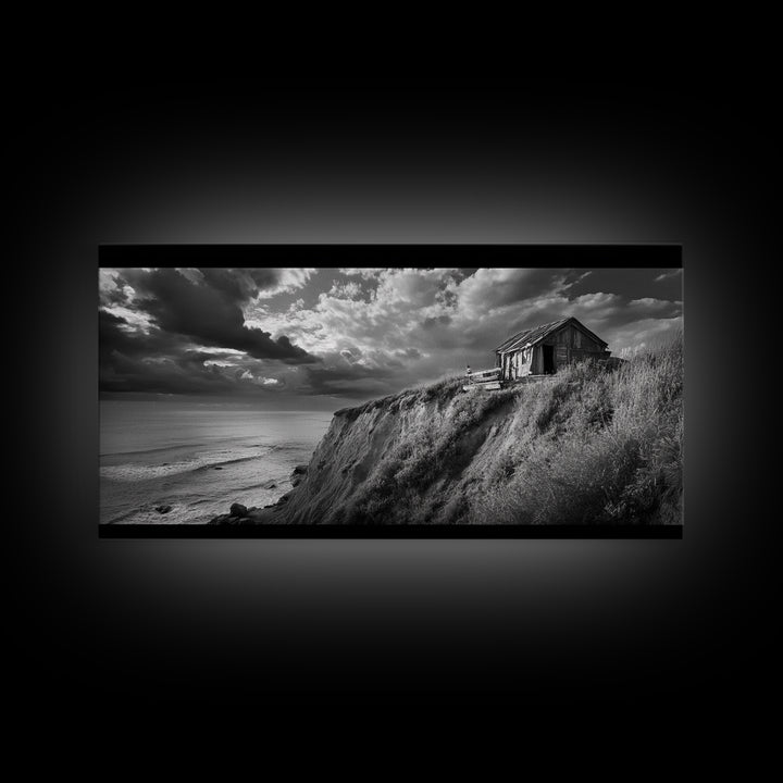 Cliff Cabin, Stormy Coast, Ocean Bluff, Dramatic Skies, Canvas Print, Moody Nature Art, Living Room Accent, Fall Season Decor
