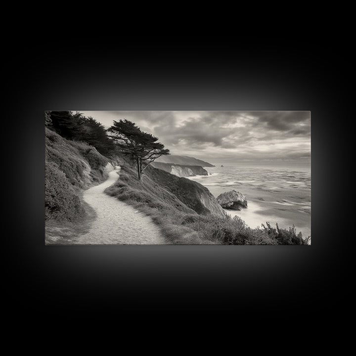 Coastal Path, Nature Trail, Ocean Cliff, Cypress Tree, Framed Canvas Print, Minimalist Wall Art, Living Room Decor, Scenic Landscape