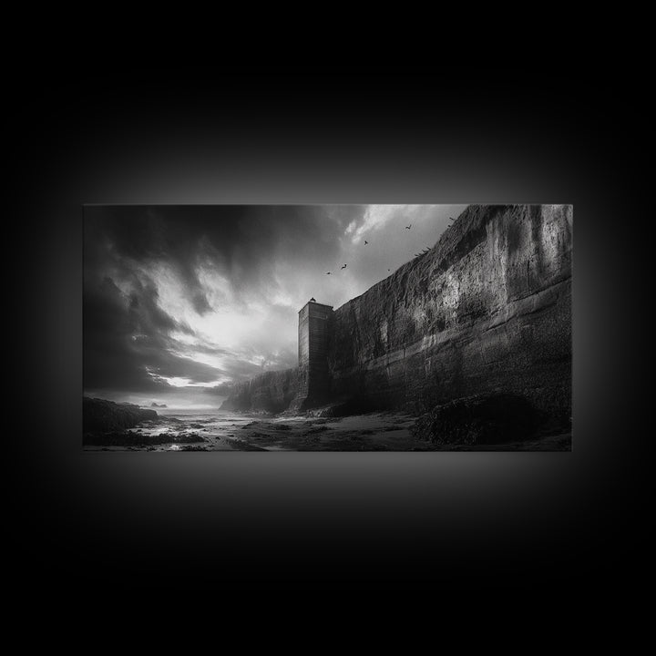 Cliff Lighthouse, Dramatic Sky, Seaside Tower, Ocean Mood, Canvas Print, Gothic Wall Art, Study Decor, Moody Coastal Artwork