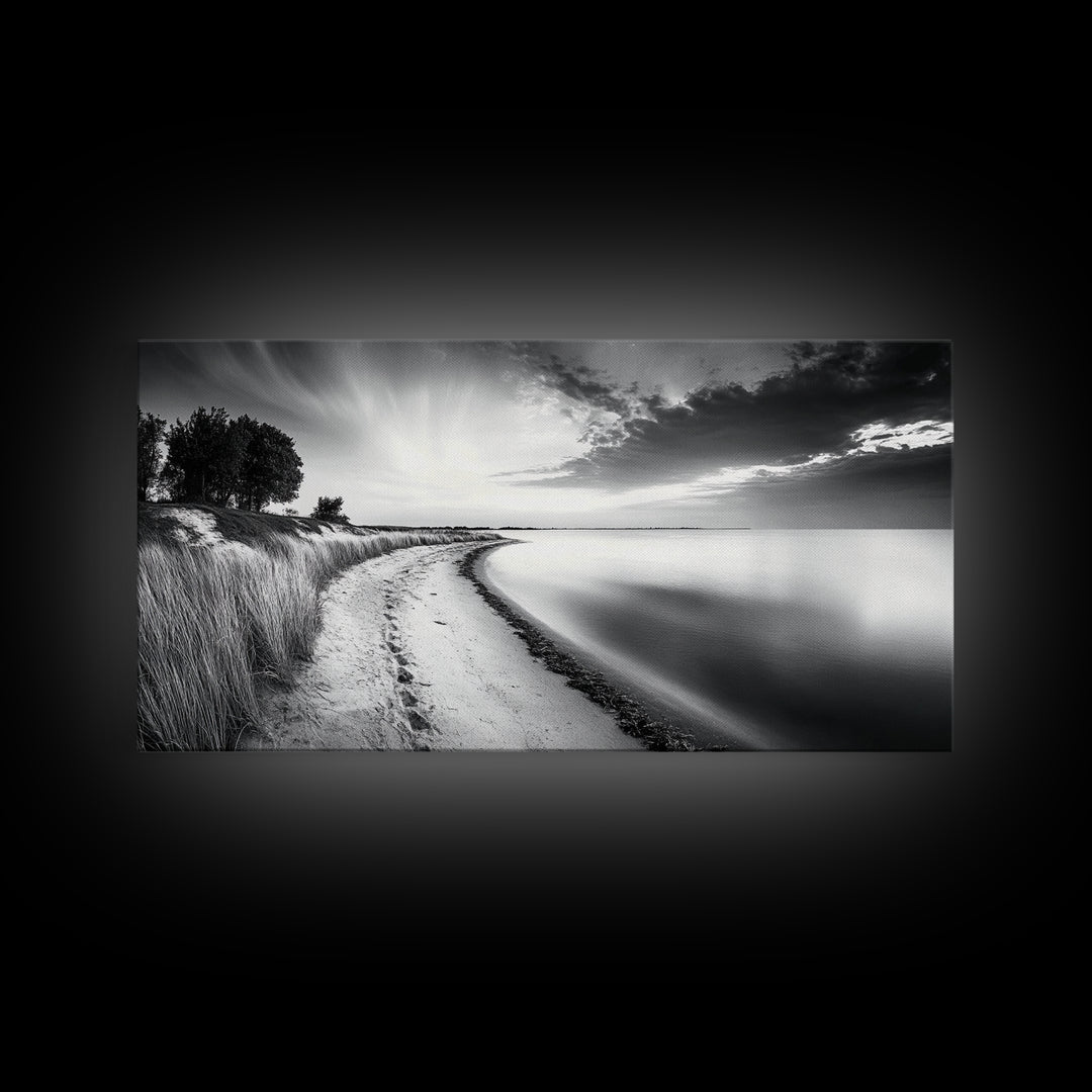 Calm Beach, Grassy Dunes, Serene Shoreline, Peaceful Water, Framed Canvas Print, Minimalist Art, Bedroom Wall Decor, Coastal Calm