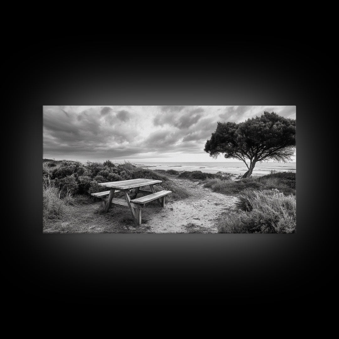 Picnic Table, Ocean Tree, Coastal Path, Windswept Scene, Framed Canvas Print, Rustic Wall Art, Fall Decor, Peaceful Beach Setting