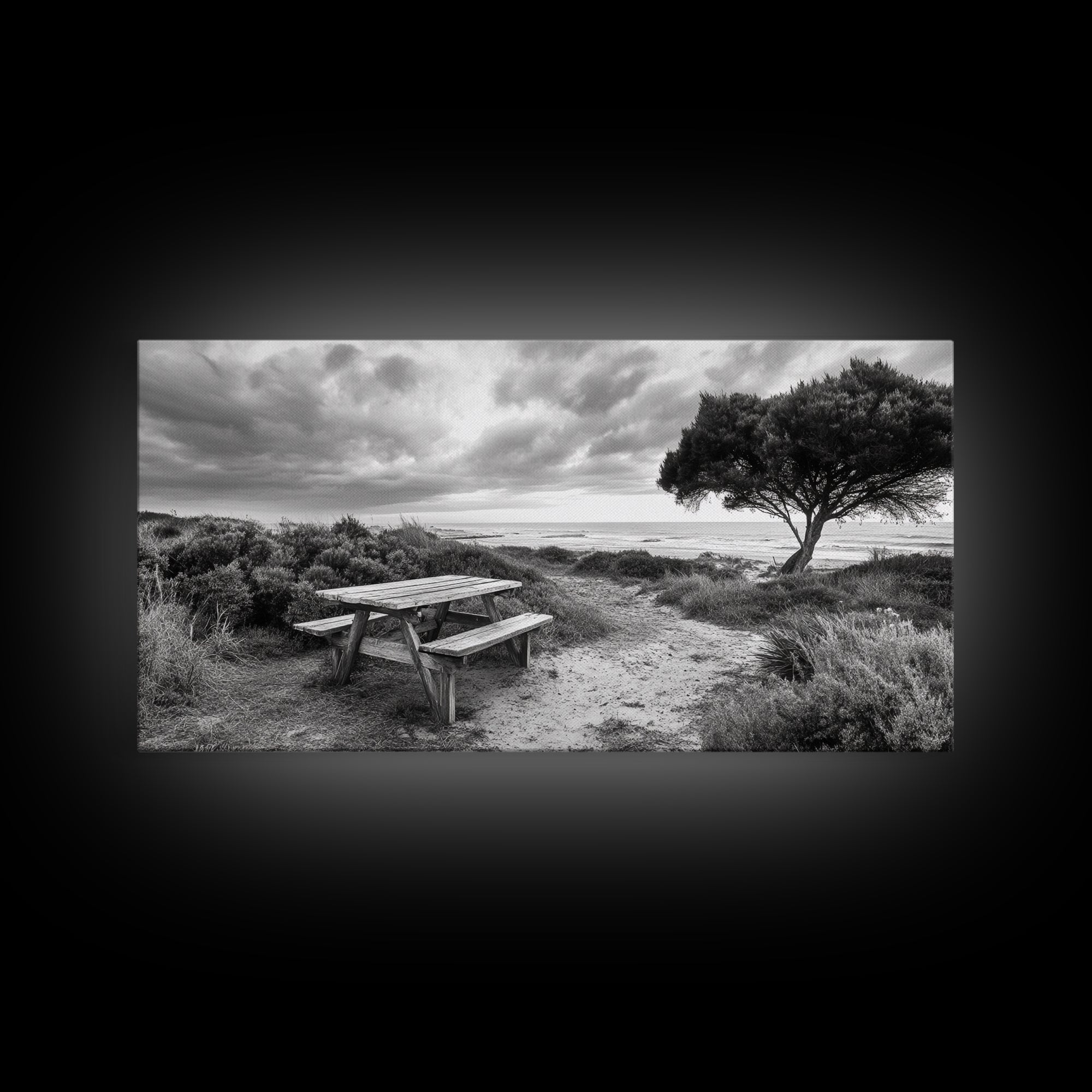 Picnic Table, Ocean Tree, Coastal Path, Windswept Scene, Framed Canvas Print, Rustic Wall Art, Fall Decor, Peaceful Beach Setting