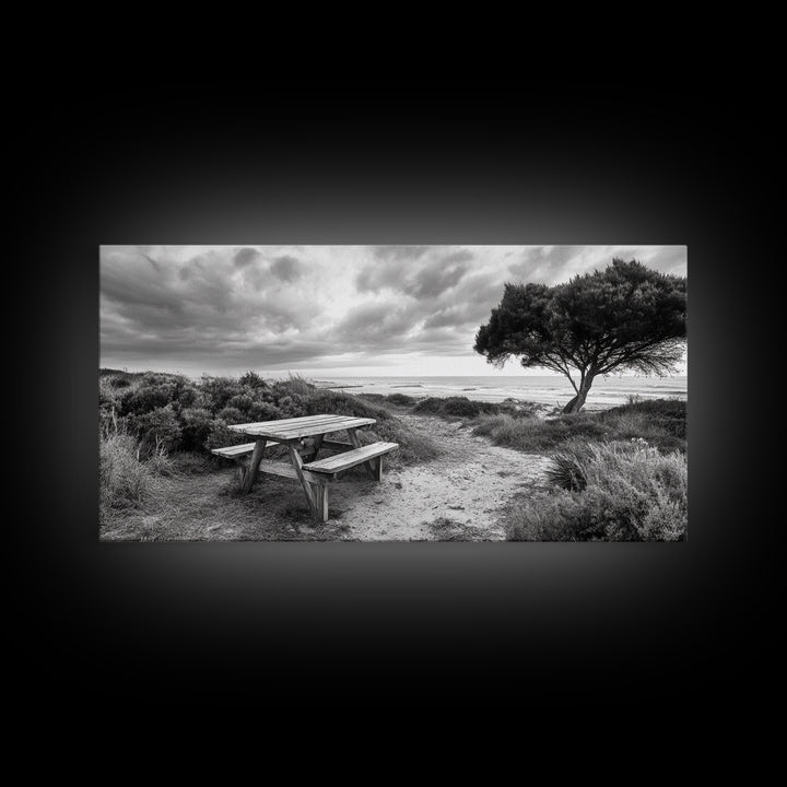 Picnic Table, Ocean Tree, Coastal Path, Windswept Scene, Framed Canvas Print, Rustic Wall Art, Fall Decor, Peaceful Beach Setting