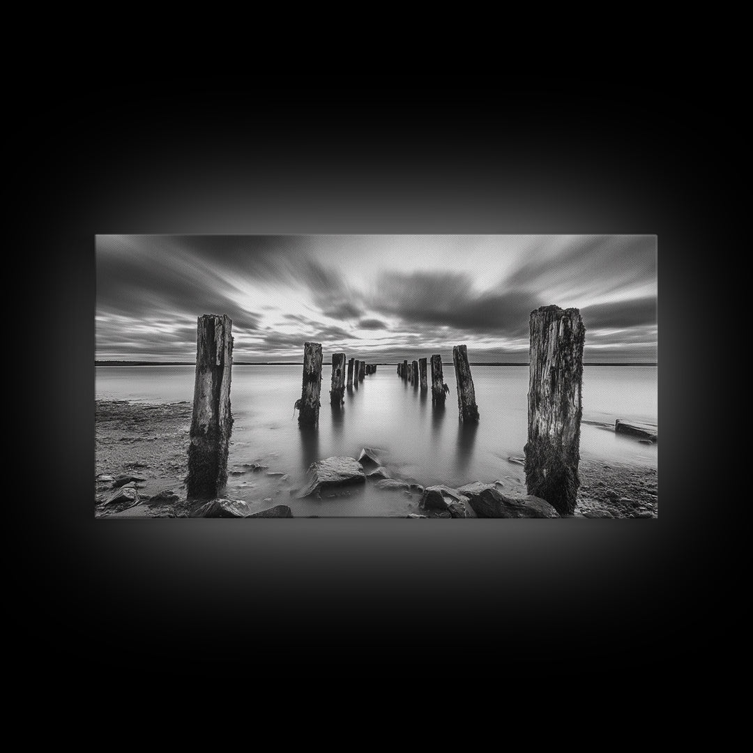 Ocean Pilings, Calm Waters, Cloud Streaks, Sunset Mood, Canvas Print, Minimalist Seascape, Bedroom Wall Art, Serene Beach Decor