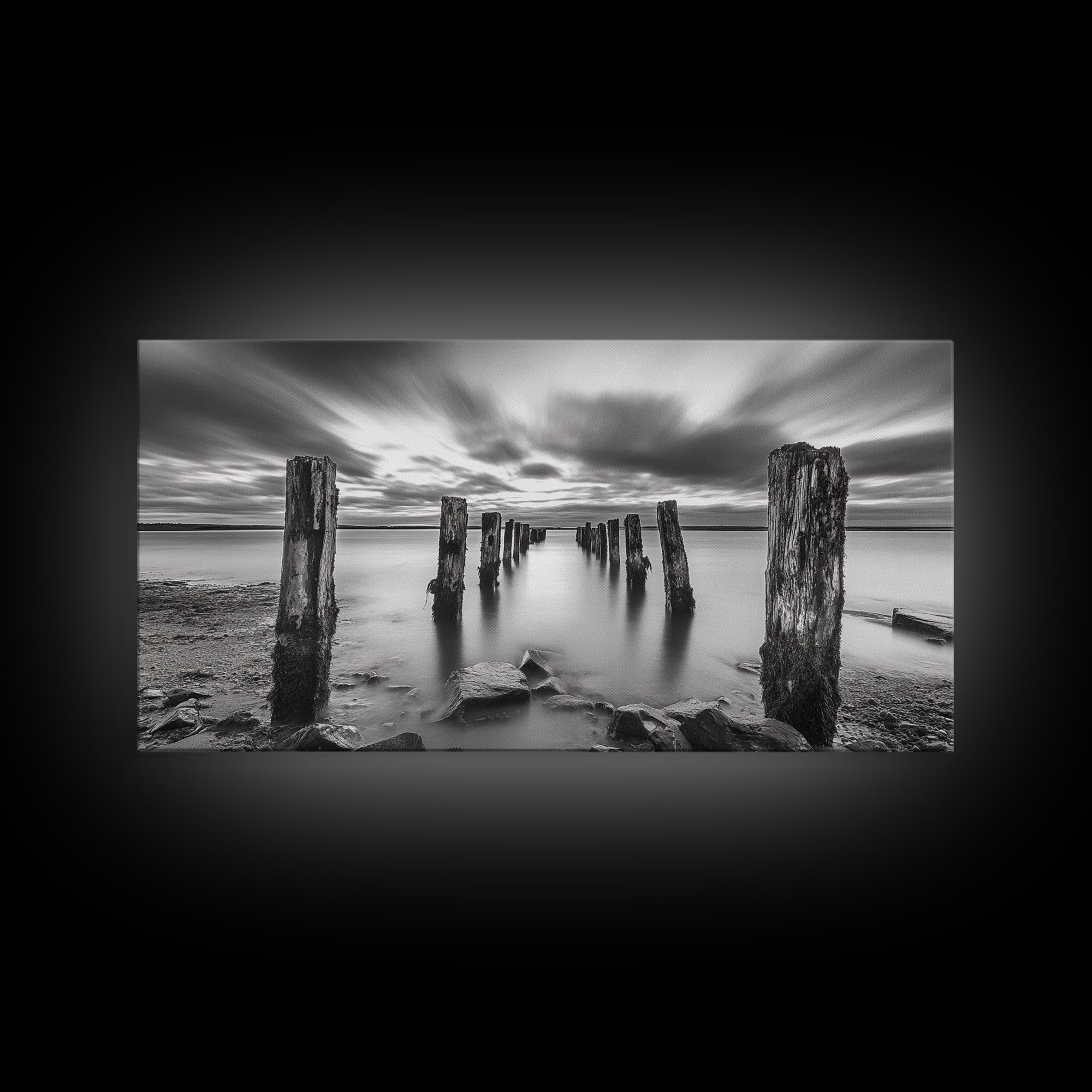 Ocean Pilings, Calm Waters, Cloud Streaks, Sunset Mood, Canvas Print, Minimalist Seascape, Bedroom Wall Art, Serene Beach Decor