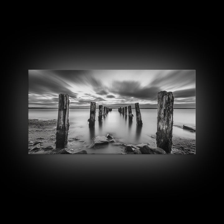 Ocean Pilings, Calm Waters, Cloud Streaks, Sunset Mood, Canvas Print, Minimalist Seascape, Bedroom Wall Art, Serene Beach Decor