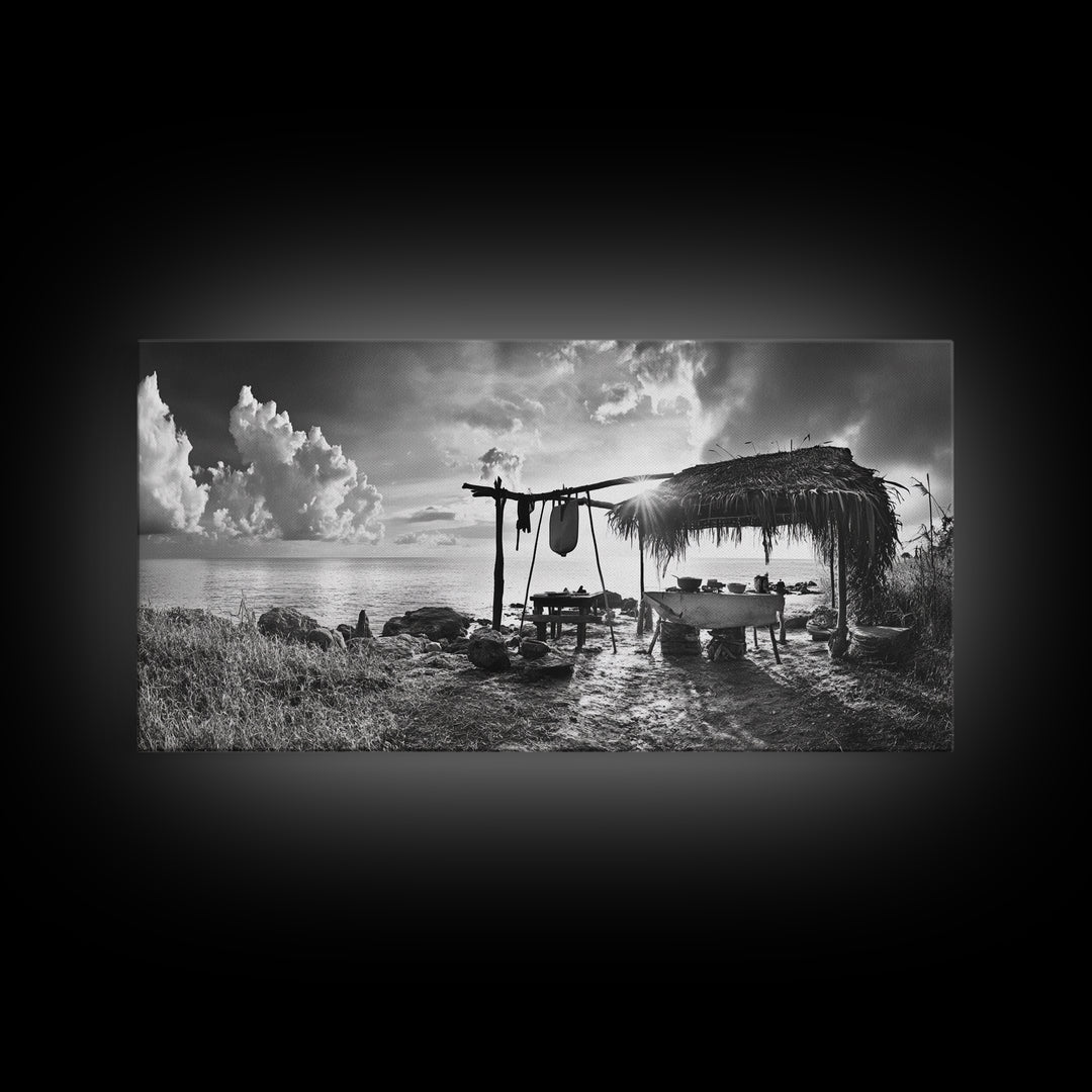 Beach Shack, Driftwood Table, Seaside Shelter, Sun Rays, Canvas Print, Rustic Coastal Art, Boho Decor, Dining Room Wall Art, Cabin Wall Art