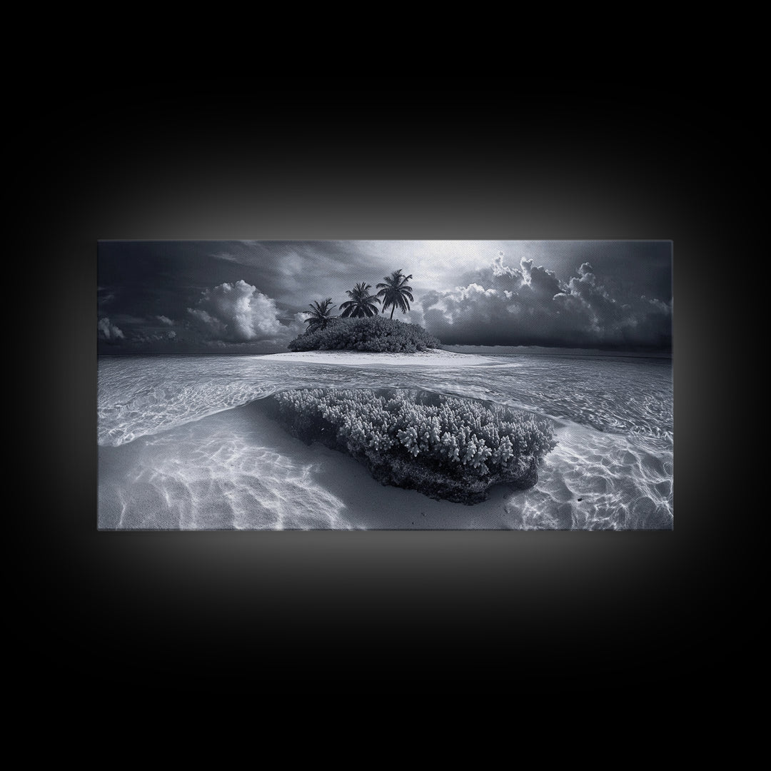 Coral Island, Tropical Ocean, Underwater Reef, Clear Sea, Framed Canvas Print, Beach House Art, Coastal Living Room Decor, Office Wall Decor