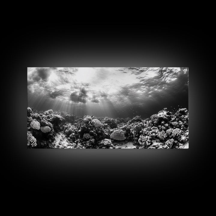 Coral Reef, Ocean Depths, Sunlight Rays, Marine Life, Canvas Print, Minimalist Nature Art, Bathroom Decor, Underwater Scene, Bedroom Wall Art