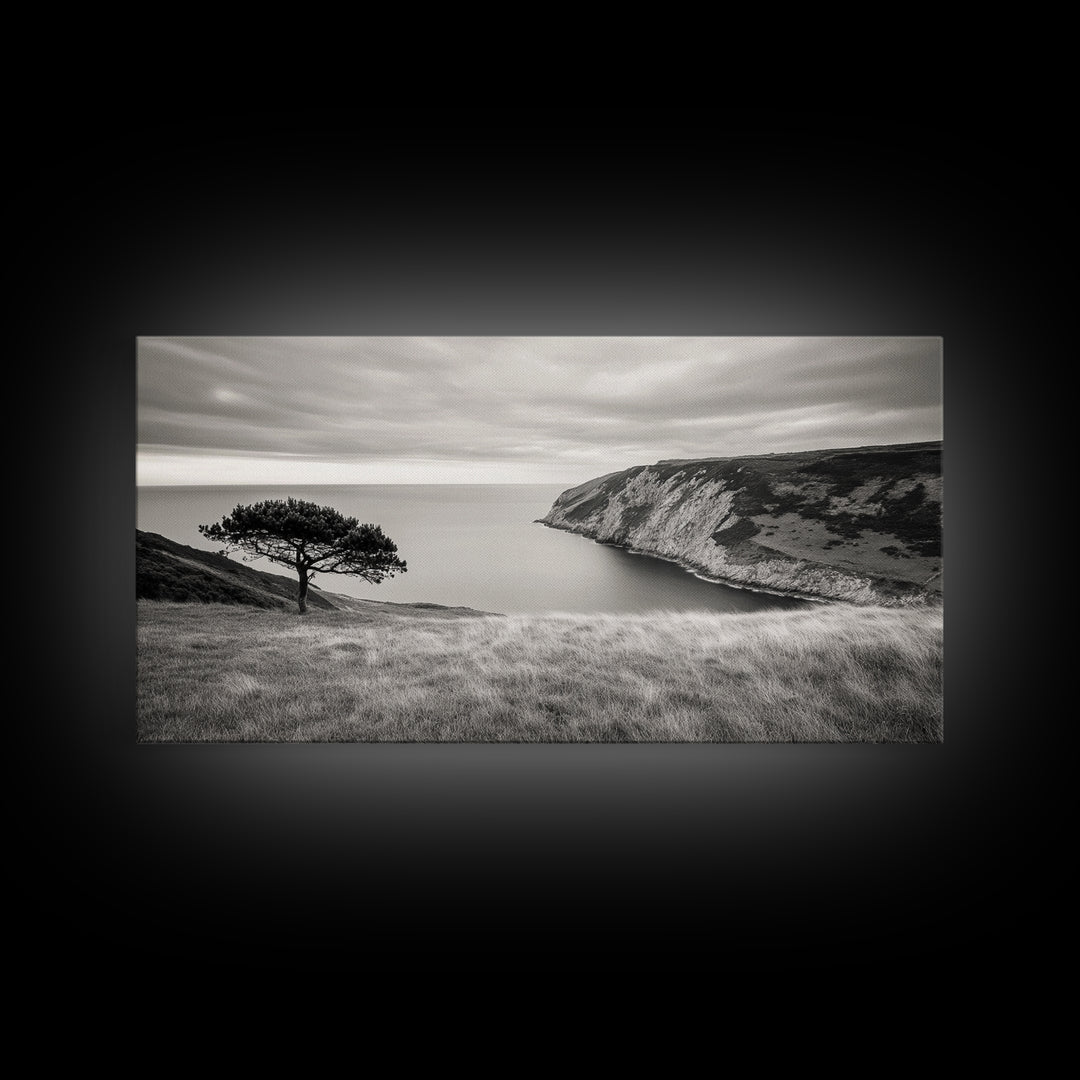 Coastal Cliff View, Solitary Tree Scene, Modern Minimalist Style, Framed Canvas Print, Calm Neutral Wall Art, Living Room Decor