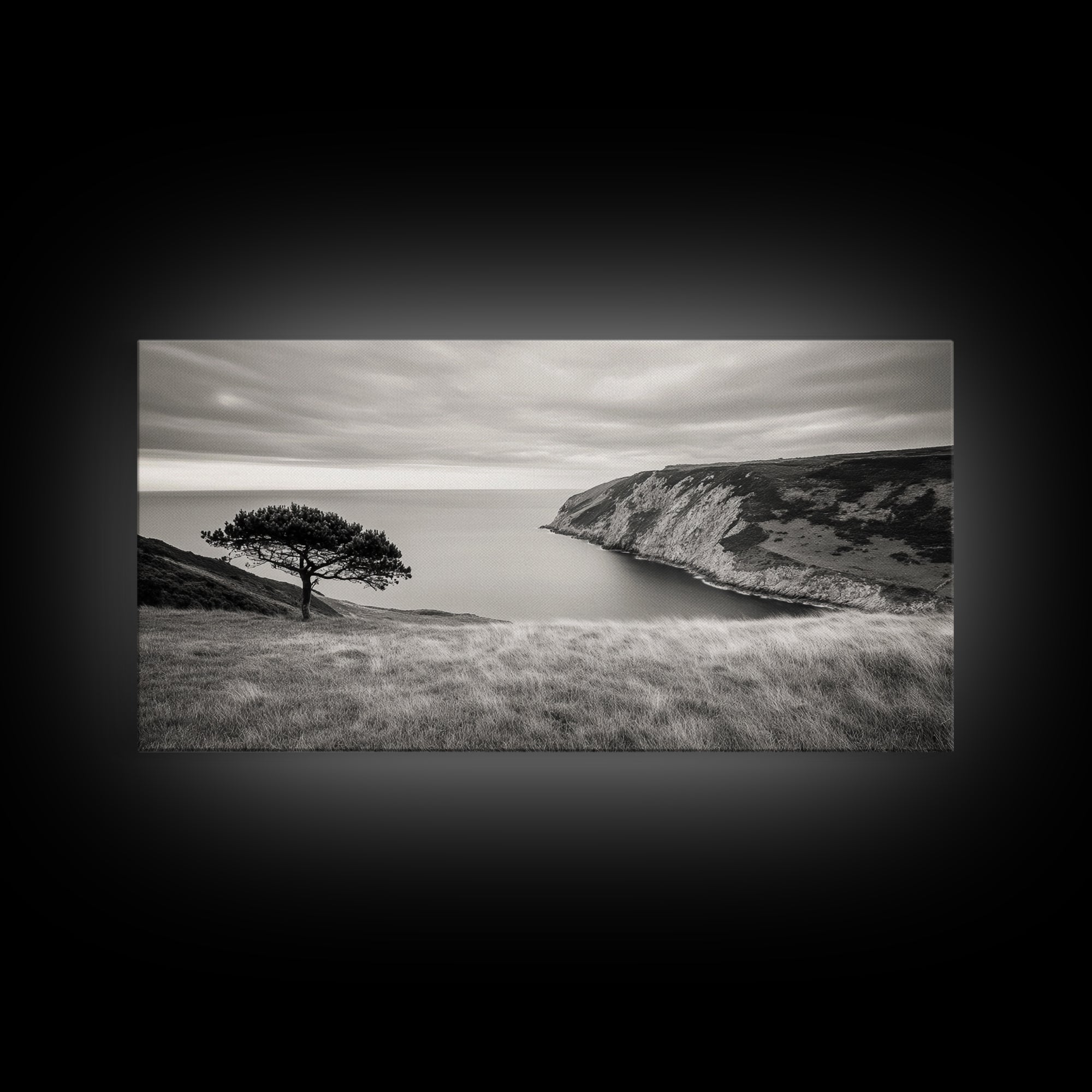 Coastal Cliff View, Solitary Tree Scene, Modern Minimalist Style, Framed Canvas Print, Calm Neutral Wall Art, Living Room Decor