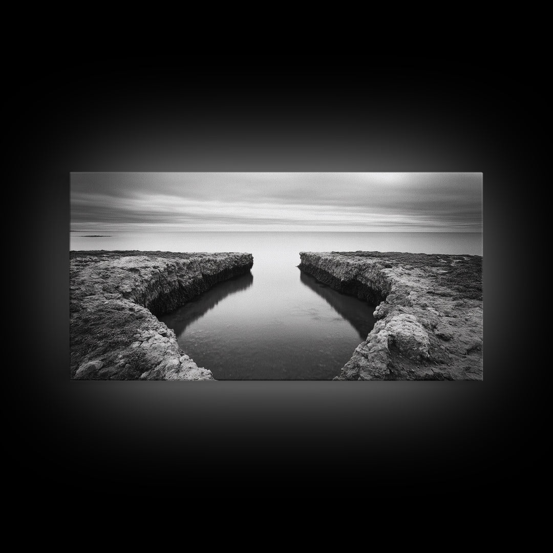 Rocky Inlet, Ocean View, Symmetry Nature, Coastal Zen, Canvas Print, Minimalist Bathroom Art, Tranquil Bedroom Wall Decor, Entryway Accent