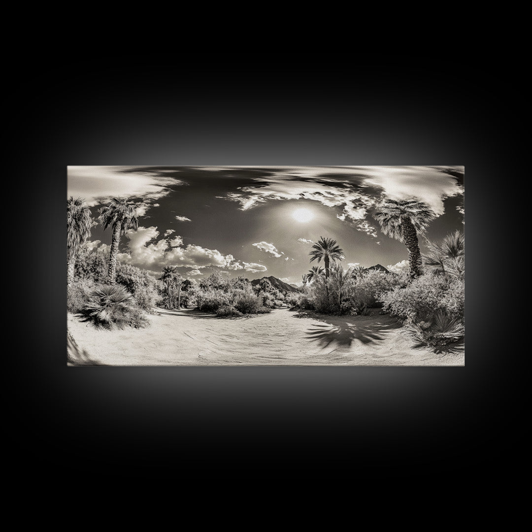 Desert Oasis, Palm Landscape, Nature Panorama, Framed Canvas Print, Tropical Wall Art, Living Room Decor, Boho Aesthetic, Sunlit Scene