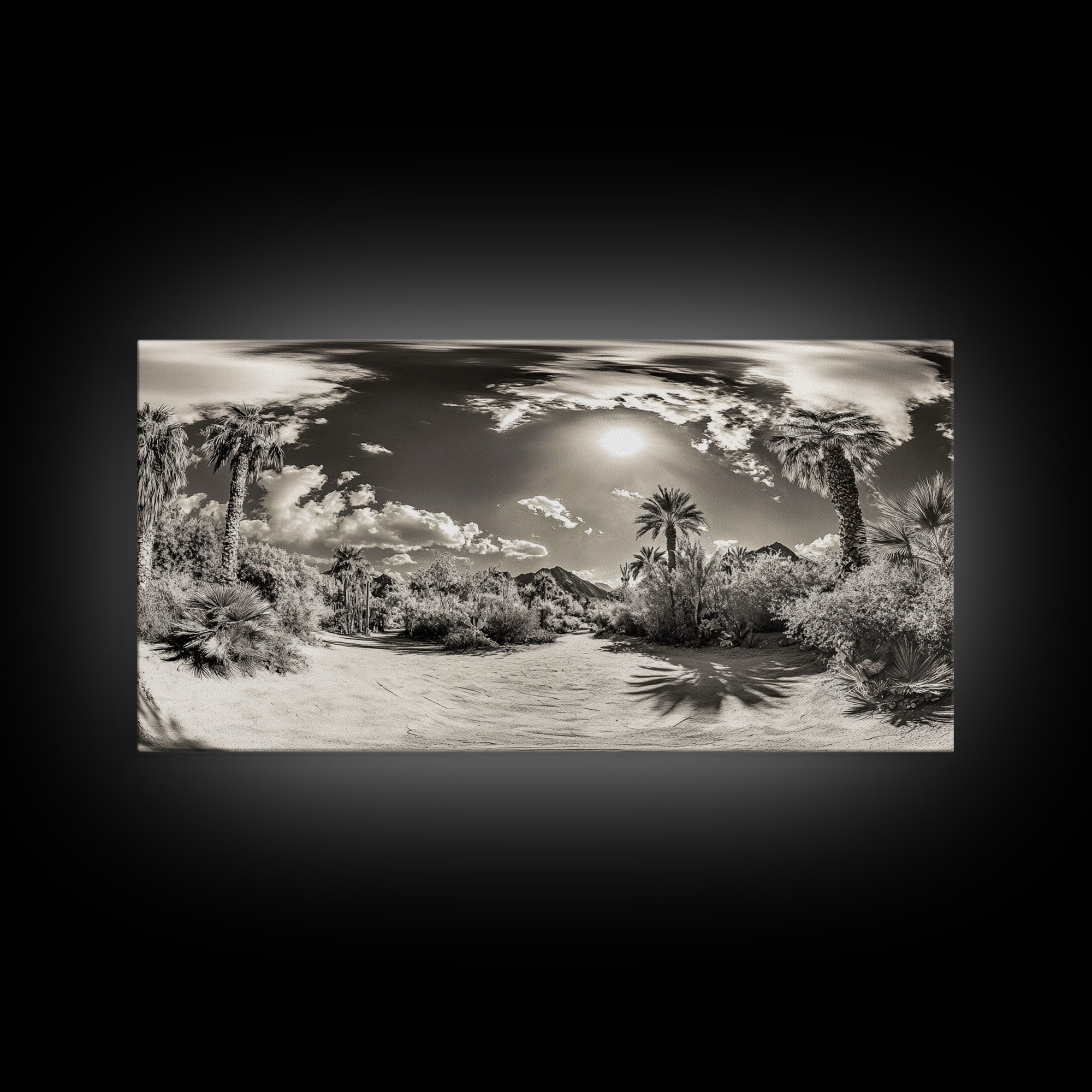 Desert Oasis, Palm Landscape, Nature Panorama, Framed Canvas Print, Tropical Wall Art, Living Room Decor, Boho Aesthetic, Sunlit Scene