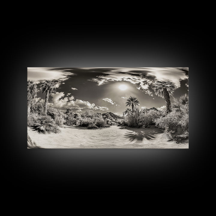 Desert Oasis, Palm Landscape, Nature Panorama, Framed Canvas Print, Tropical Wall Art, Living Room Decor, Boho Aesthetic, Sunlit Scene
