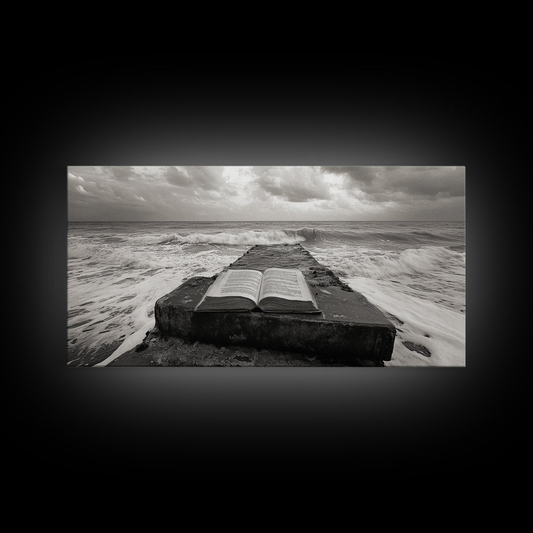 Ocean and Book, Moody Literary Print, Surreal Seascape Art, Framed Canvas Print, Library or Reading Nook Wall Decor, Dark Academia