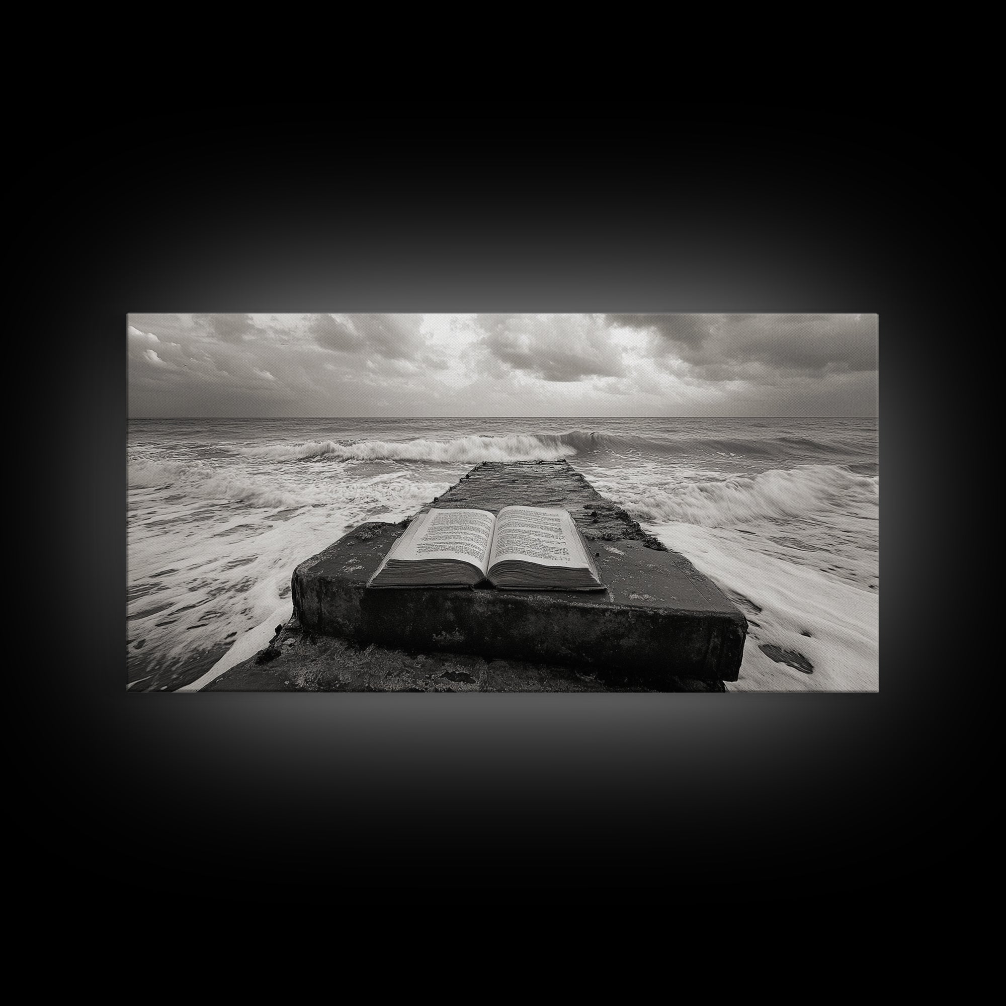 Ocean and Book, Moody Literary Print, Surreal Seascape Art, Framed Canvas Print, Library or Reading Nook Wall Decor, Dark Academia