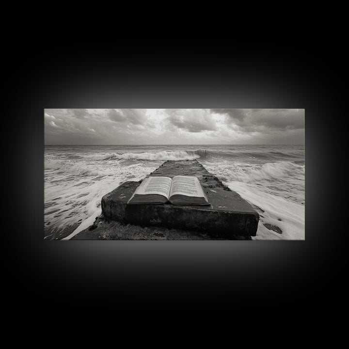 Ocean and Book, Moody Literary Print, Surreal Seascape Art, Framed Canvas Print, Library or Reading Nook Wall Decor, Dark Academia