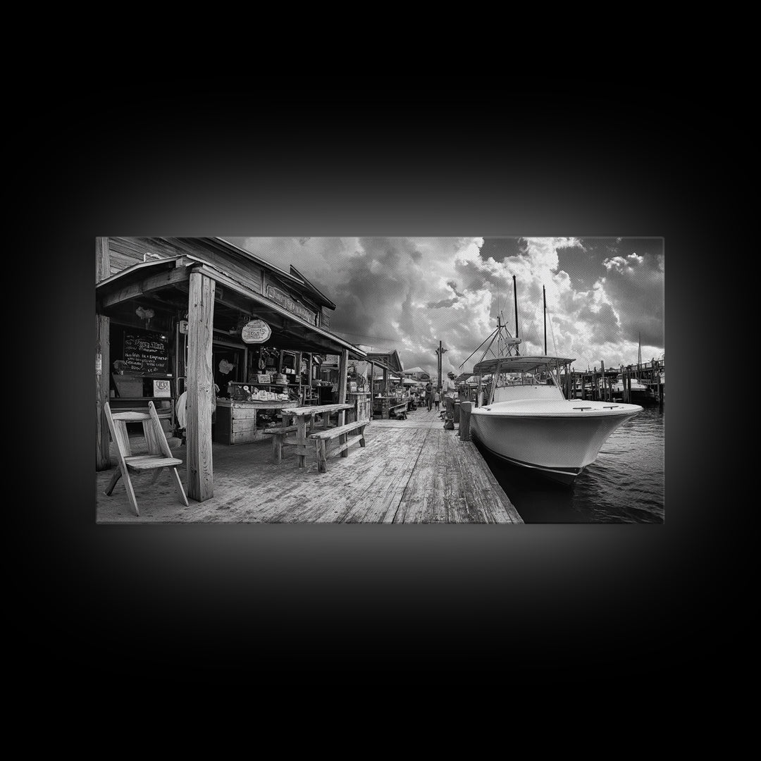 Dockside Market, Nautical Vibes, Fishing Village, Framed Canvas Print, Coastal Kitchen Art, Rustic Decor, Oceanfront Life Scene