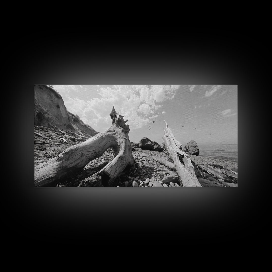 Coastal Driftwood, Beach Landscape, Pebble Shore Scene, Natural Decor Accent, Canvas Print, Relaxed Vibe, Entryway or Den Wall Art