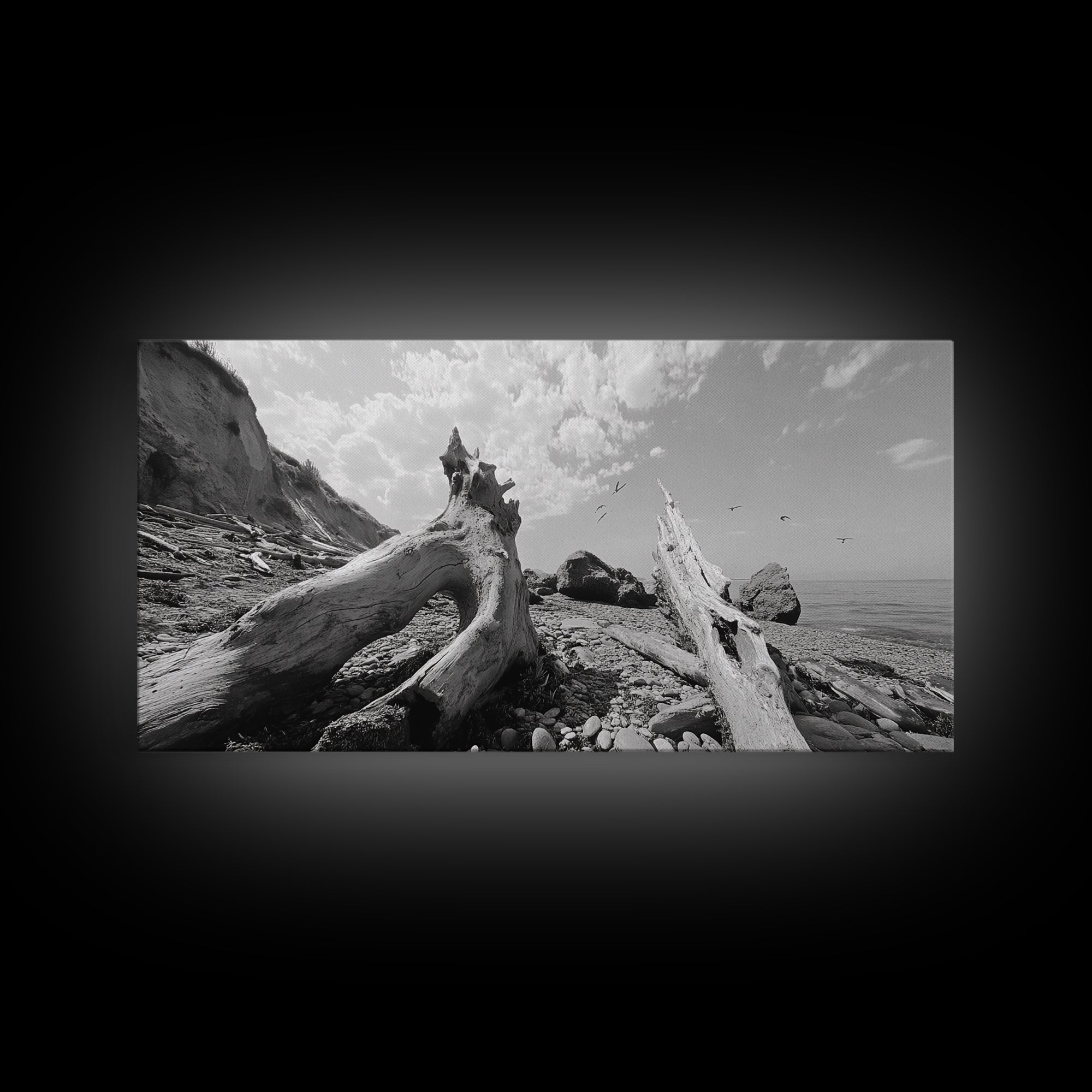 Coastal Driftwood, Beach Landscape, Pebble Shore Scene, Natural Decor Accent, Canvas Print, Relaxed Vibe, Entryway or Den Wall Art