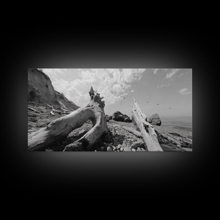 Coastal Driftwood, Beach Landscape, Pebble Shore Scene, Natural Decor Accent, Canvas Print, Relaxed Vibe, Entryway or Den Wall Art