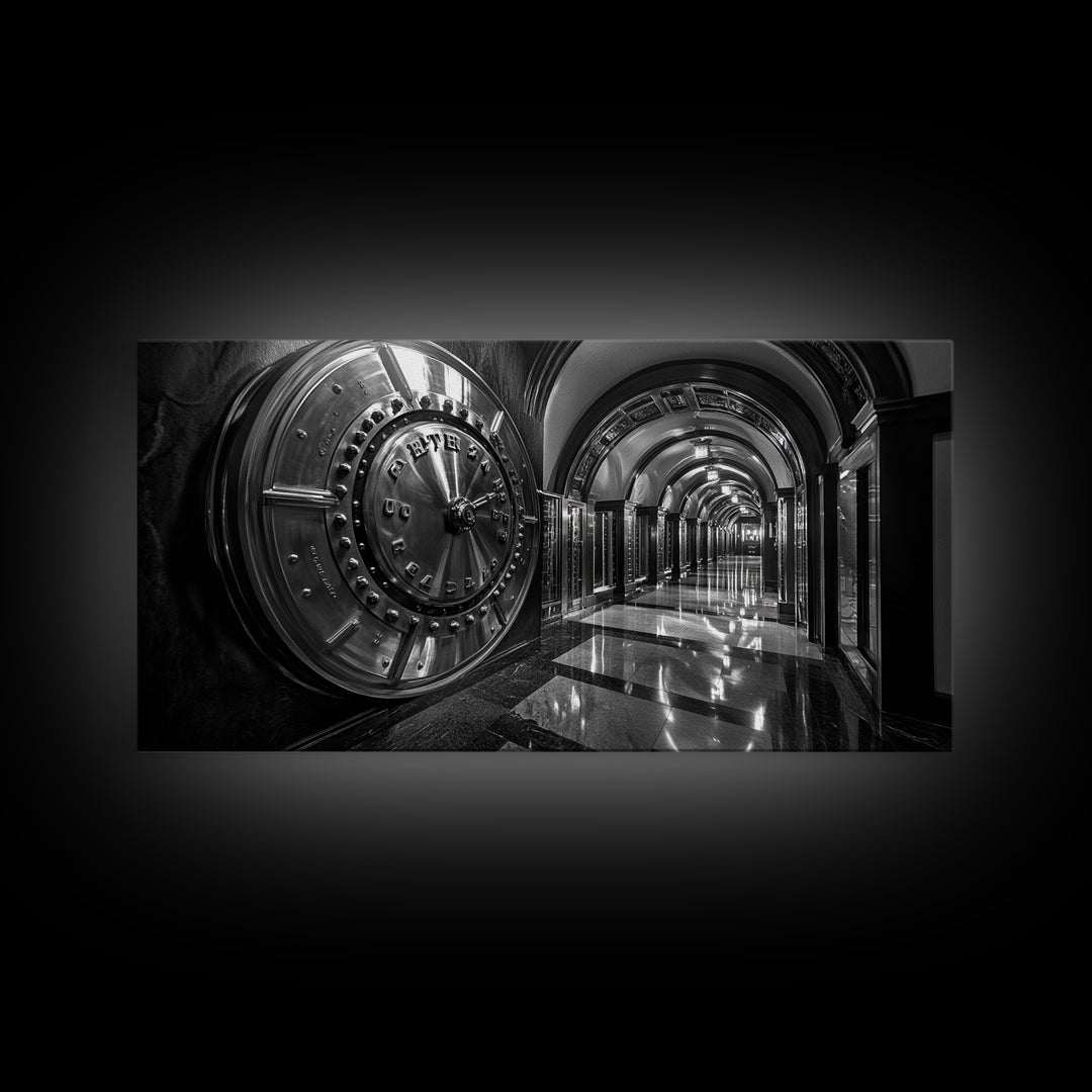 Bank Vault Door, Industrial Urban Decor, Luxury Office Art, Framed Canvas Print, Black and Silver Wall Art, Masculine Home Style
