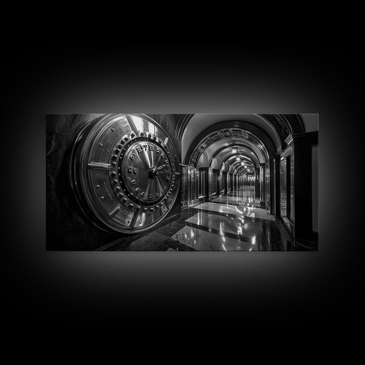 Bank Vault Door, Industrial Urban Decor, Luxury Office Art, Framed Canvas Print, Black and Silver Wall Art, Masculine Home Style