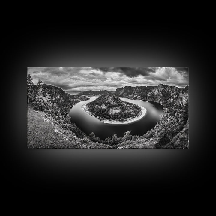 River Bend Landscape, Mountain View Aerial, Nature Panorama Scene, Framed Canvas Print, Cabin Wall Art, Adventure Boho Art, Living Room Wall Art