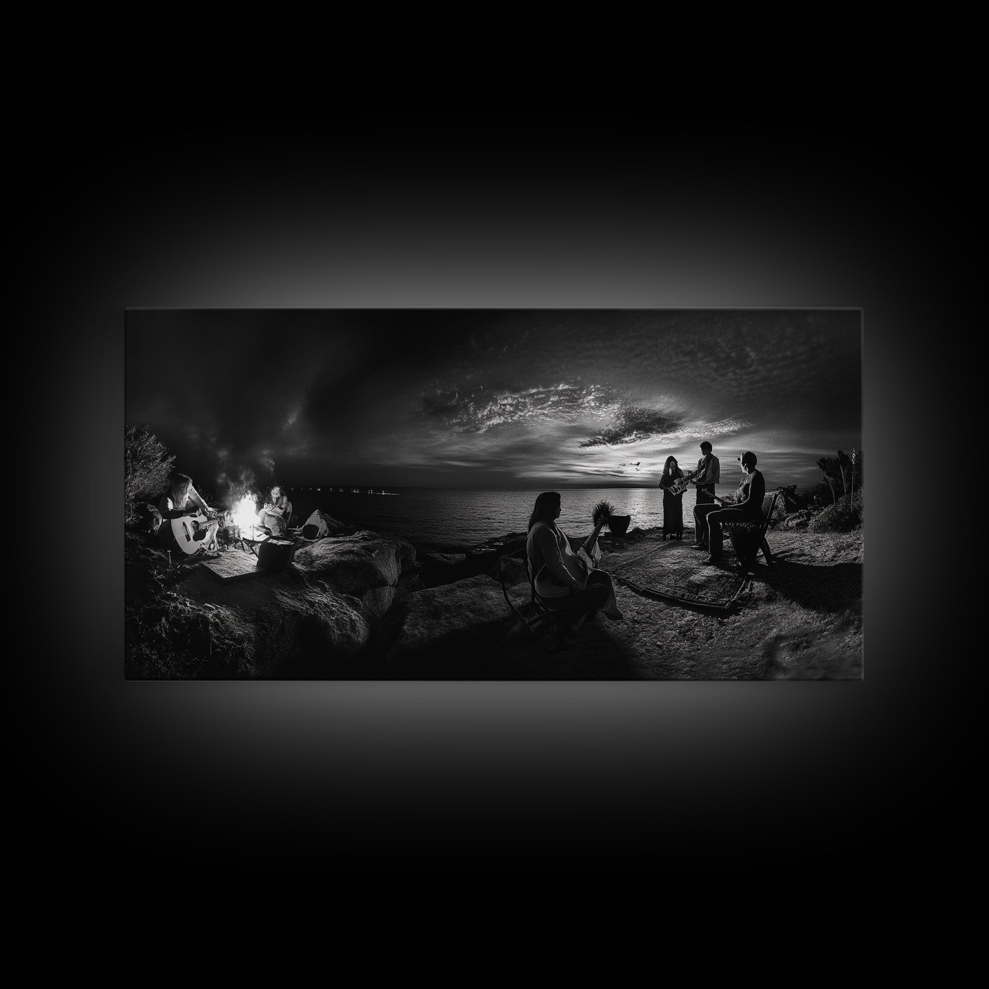 Campfire Gathering, Boho Night Vibes, Music Outdoors Scene, Framed Canvas Print, Living Room Wall Art, Folk Rustic Aesthetic